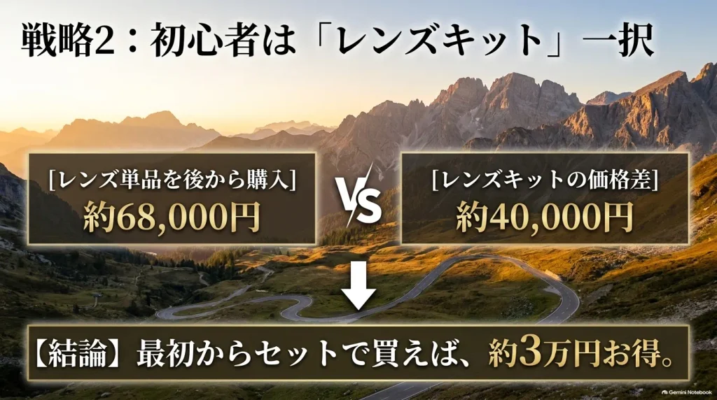 α6700高倍率ズームレンズキットと後からレンズ単品を購入した場合の価格差比較図（セットで約3万円お得）