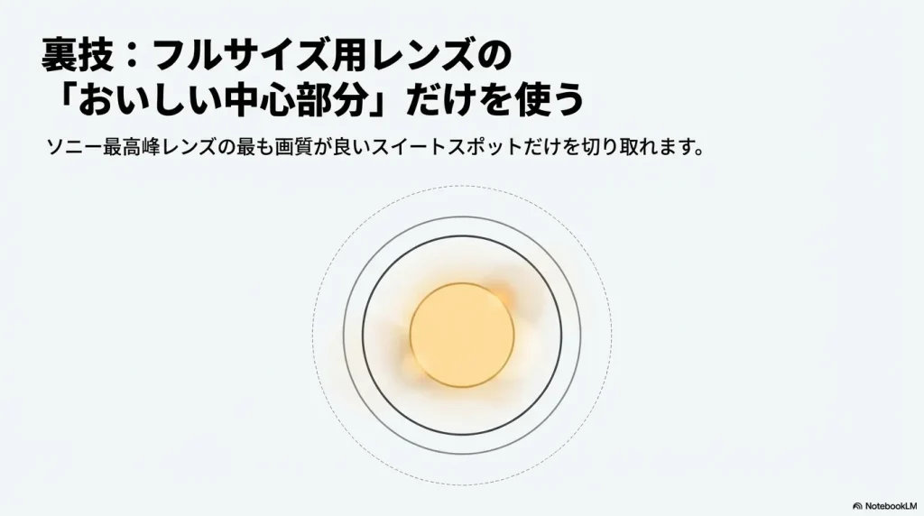 フルサイズ用レンズの最も画質が良い中心部分(スイートスポット)だけを切り取って使う裏技を解説したスライド。