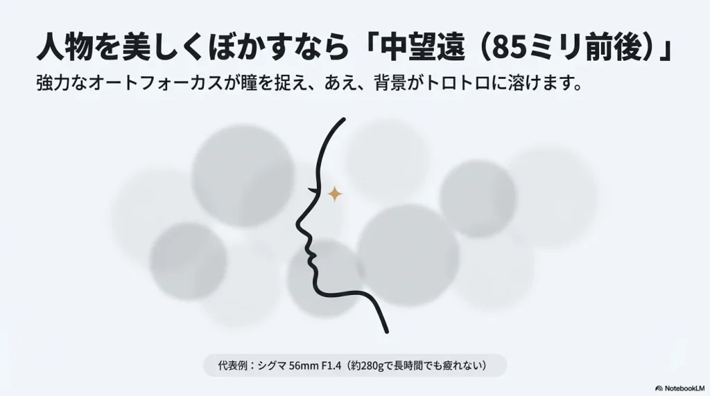 人物を美しくぼかすなら85ミリ前後の中望遠レンズが最適であると解説したスライド。 オートフォーカスが瞳を捉え背景が溶ける特徴や、代表例として約280gのシグマ56mm F1.4を紹介