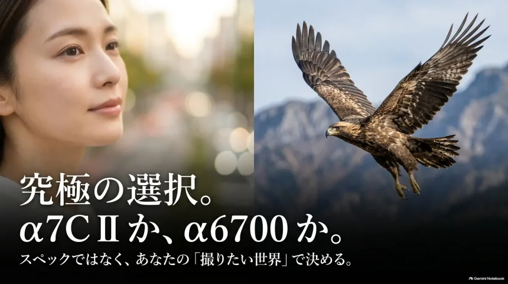 α7C IIとα6700の比較スライド。スペックではなく撮りたい世界で決める究極の選択。