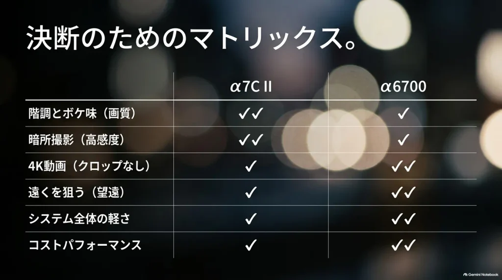 画質・暗所・動画・望遠・軽さ・コスパの6項目でα7C IIとα6700の優位性を可視化した比較マトリックス表。