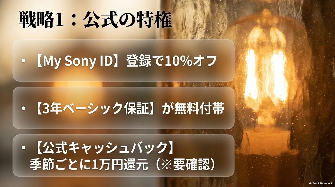My Sony ID登録の10%オフと3年ベーシック保証無料付帯および公式キャッシュバックのメリットまとめ