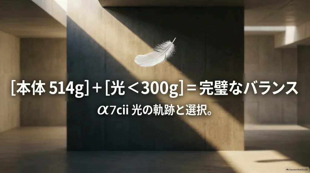 α7CII本体約514gに対して300g未満のフラッシュを推奨する重量バランスの解説スライド