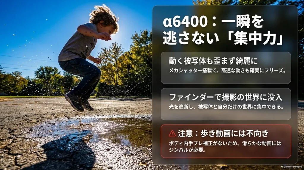 α6400の写真性能。メカシャッターによる被写体歪みの防止、EVFファインダーによる撮影への没入感、ジンバル要否