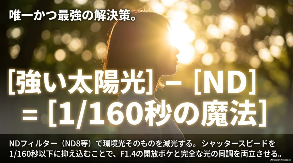 NDフィルターで環境光を抑えシャッタースピード1/160秒以下でF1.4開放ボケとフラッシュ同調を両立する仕組みのスライド