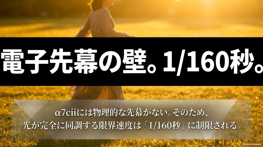 物理的な先幕を持たないα7CIIのフラッシュ同調限界速度が1/160秒である理由を説明したスライド