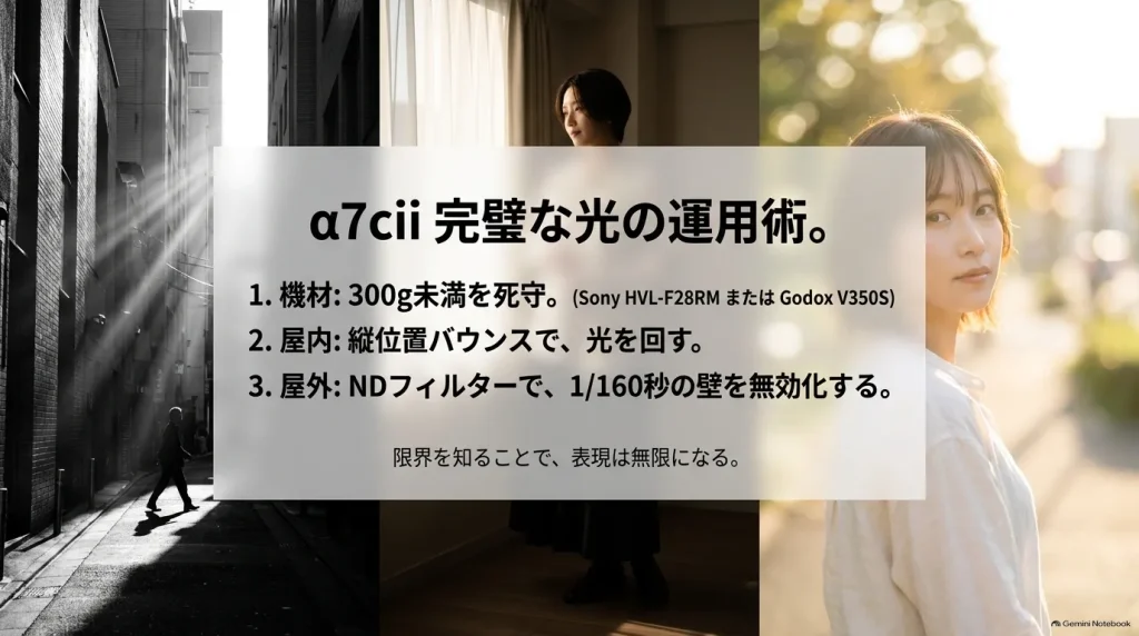 300g未満の機材選択・屋内での縦位置バウンス・屋外でのNDフィルター活用の3つの要点をまとめたα7CIIフラッシュ運用の総括スライド