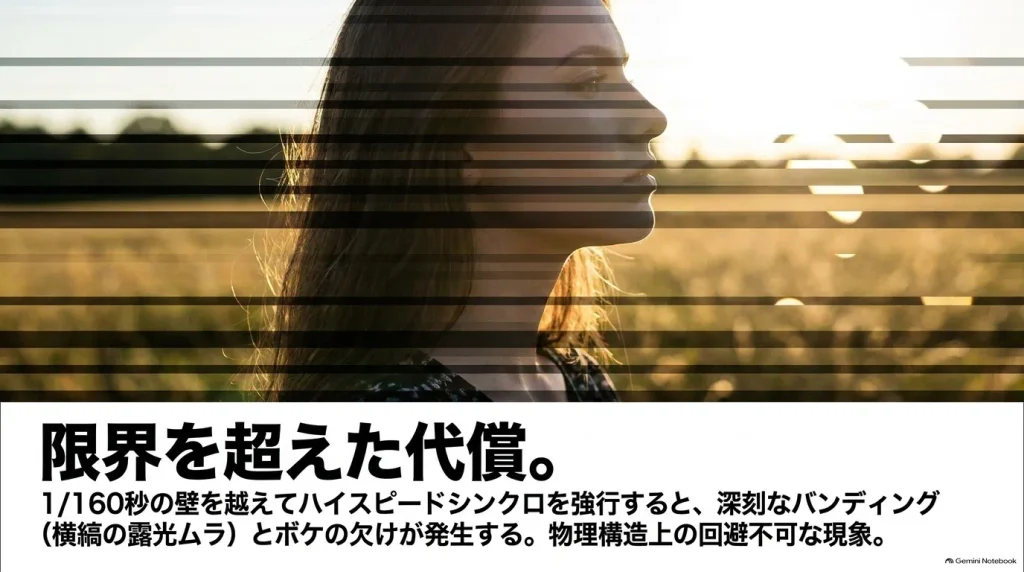 α7CIIでハイスピードシンクロを行った際に発生する横縞の露光ムラ（バンディング）とボケ欠けの解説スライド
