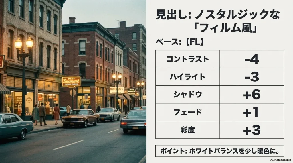ノスタルジックなフィルム風（FLベース）のクリエイティブルック設定値とホワイトバランスのポイント
