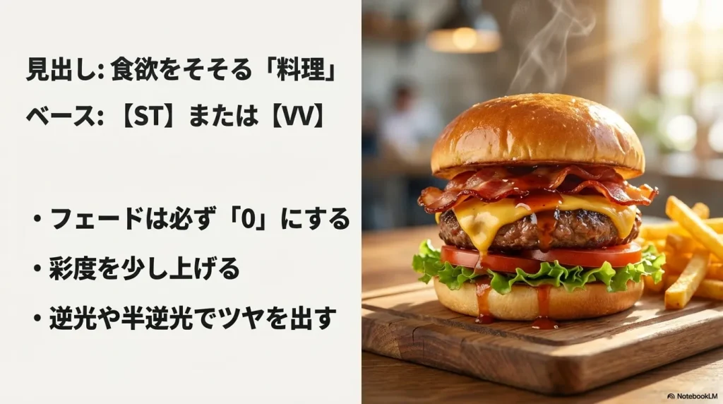 食欲をそそる料理撮影向けのクリエイティブルック（STまたはVVベース）の設定ポイント