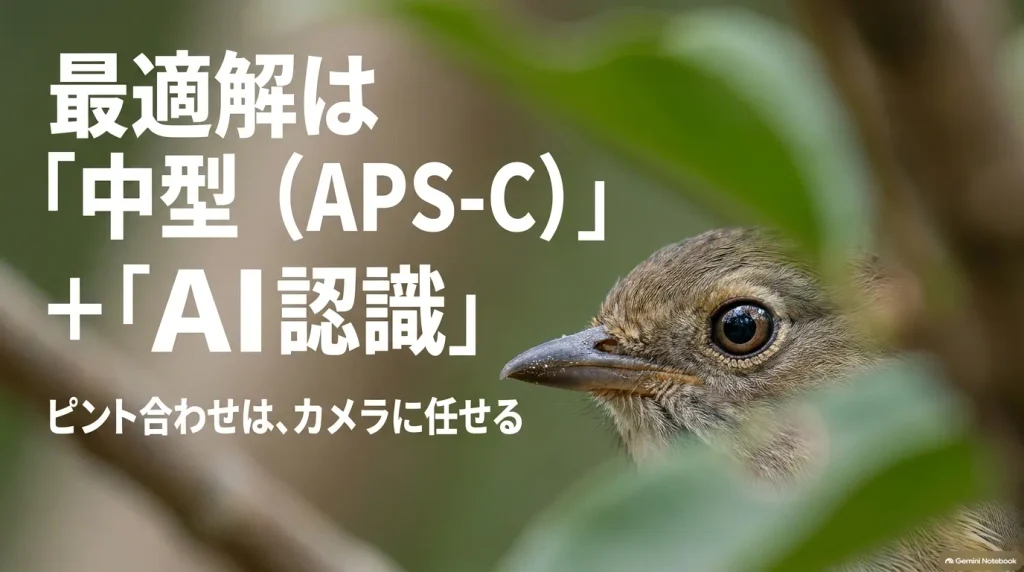 野鳥撮影の最適解は中型APS-C機とAI被写体認識の組み合わせでピント合わせをカメラに任せることを解説したスライド