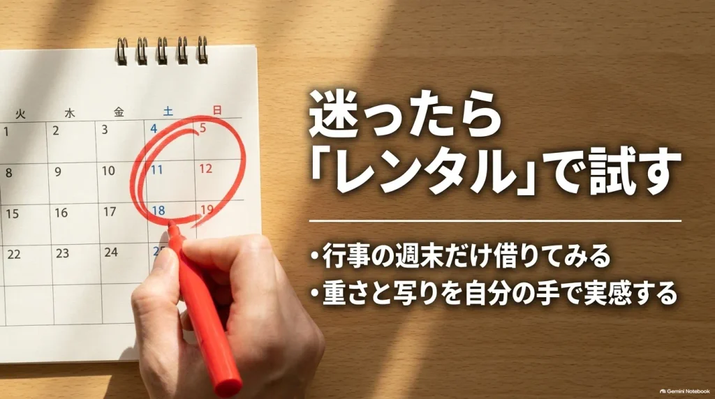 カレンダーの図と共に、迷ったら「レンタル」で試すことを提案し、行事の週末だけ借りて重さと写りを実感することを勧めるスライド