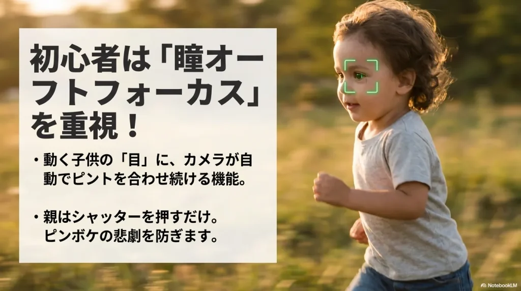 初心者は瞳オートフォーカスを重視!動く子供の目にカメラが自動でピントを合わせ続ける機能で、親はシャッターを押すだけでピンボケの悲劇を防ぎます