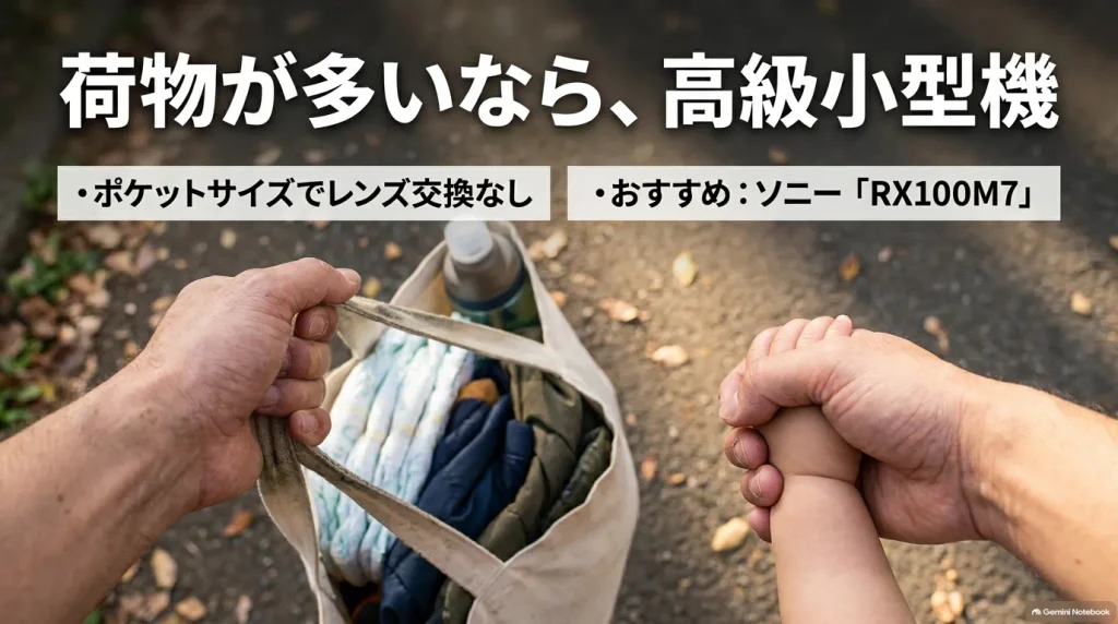 荷物が多いなら、高級小型機。ポケットサイズでレンズ交換が不要な点と、おすすめ機種としてソニー「RX100M7」を紹介したスライド
