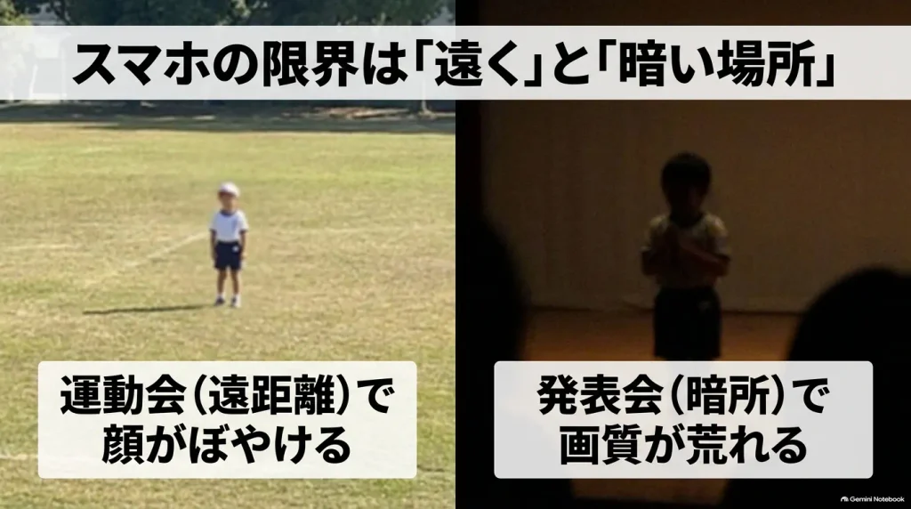 スマホの限界は「遠く」と「暗い場所」であり、運動会など遠距離で顔がぼやけたり、発表会など暗所で画質が荒れることを説明したスライド
