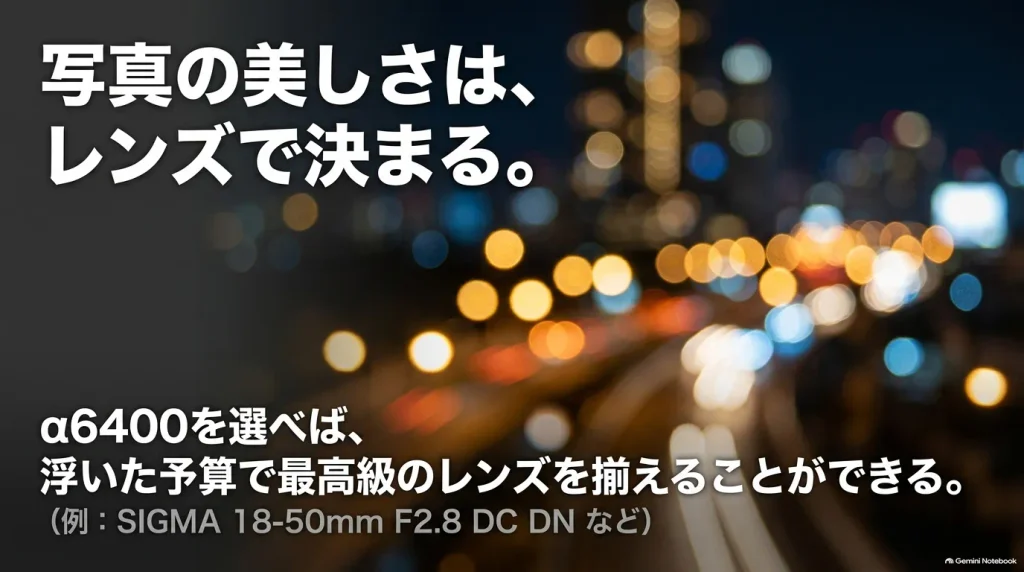 写真の美しさはレンズで決まるという提案スライド。α6400を選んで浮いた予算でSIGMA 18-50mm F2.8 DC DNなどの高性能レンズを揃える選択肢を提示。
