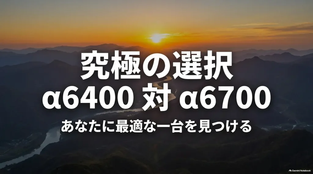 ソニーのAPS-Cミラーレスカメラ「α6400」と「α6700」の比較まとめスライド。「究極の選択 α6400 対 α6700 あなたに最適な一台を見つける」のタイトル画像。