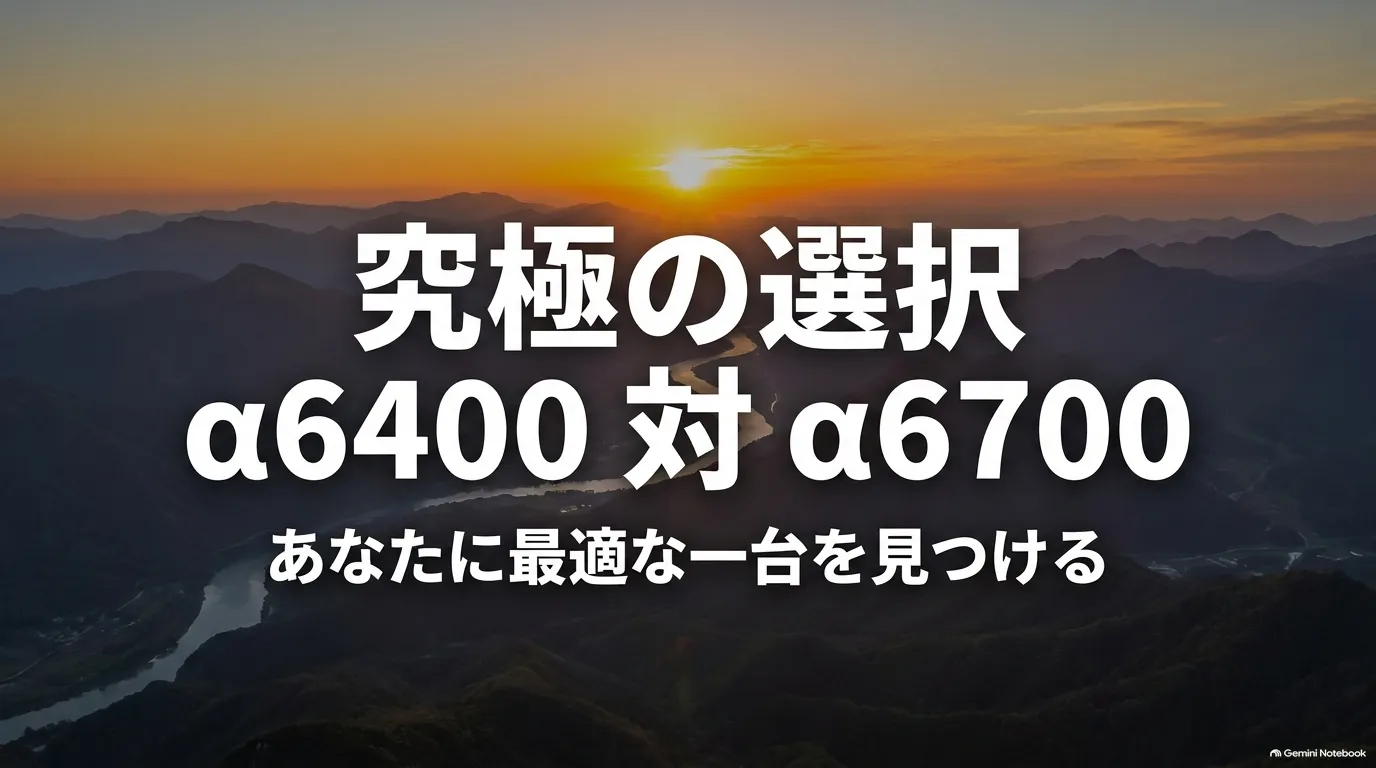 ソニーのAPS-Cミラーレスカメラ「α6400」と「α6700」の比較まとめスライド。「究極の選択 α6400 対 α6700 あなたに最適な一台を見つける」のタイトル画像。