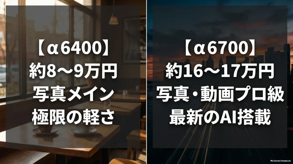 α6400（中古約8〜9万円・写真メイン・極限の軽さ）とα6700（中古約16〜17万円・写真動画プロ級・最新AI搭載）の価格と特徴を比較したスライド。