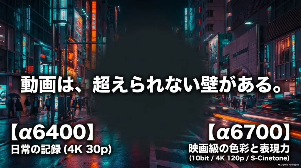 動画性能の違いを比較したスライド。日常記録（4K 30p）のα6400と、映画級の色彩（10bit・4K 120p・S-Cinetone）に対応したα6700の対比。