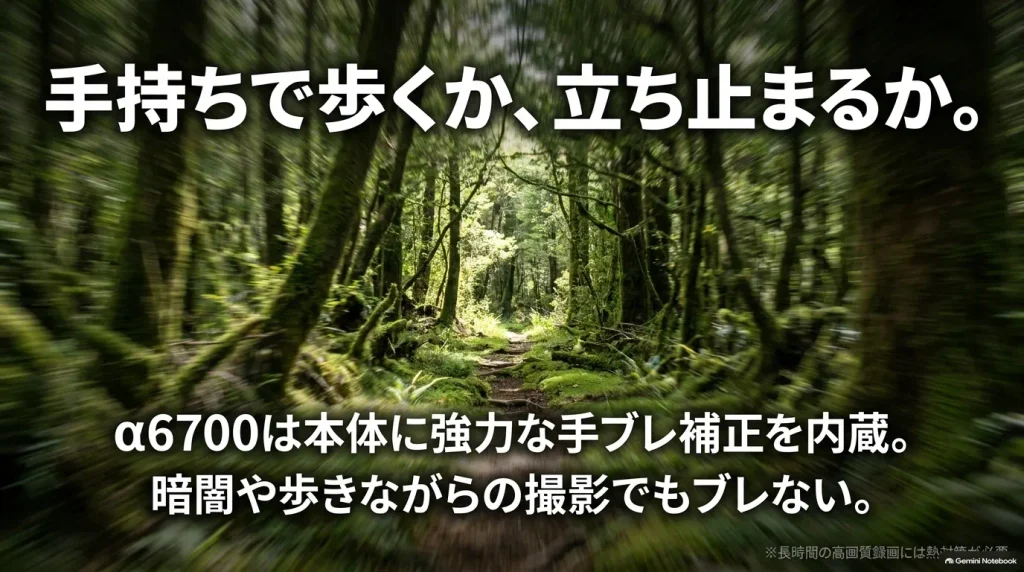 手ブレ補正の有無を解説するスライド。「手持ちで歩くか、立ち止まるか。α6700は本体に強力な手ブレ補正を内蔵。暗闇や歩きながらの撮影でもブレない。」の解説図。