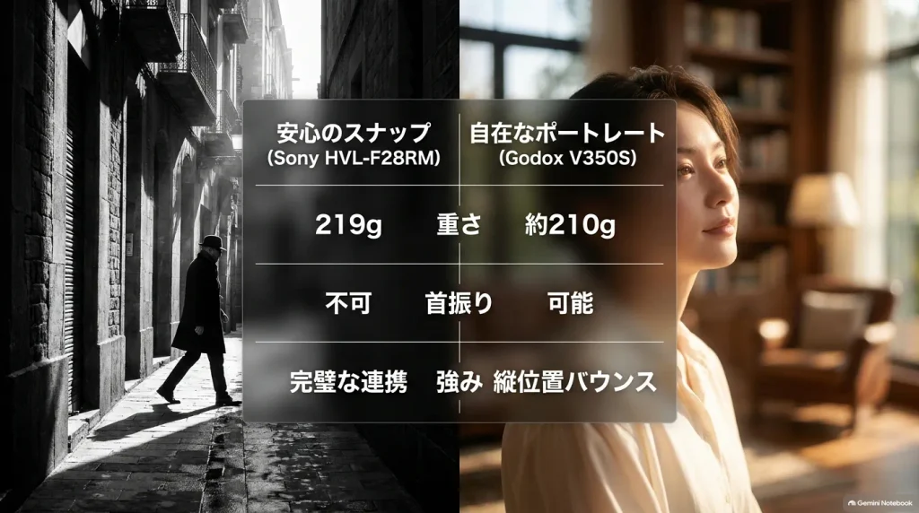ソニー純正フラッシュHVL-F28RMとGodox V350Sの重量・首振り機能・強みを比較したスライド