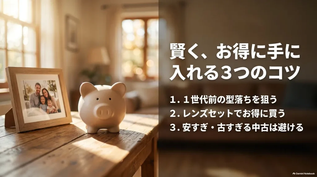 賢くお得に手に入れる3つのコツとして、1世代前の型落ちを狙う、レンズセットでお得に買う、安すぎ・古すぎる中古は避けるというポイントをまとめたスライド