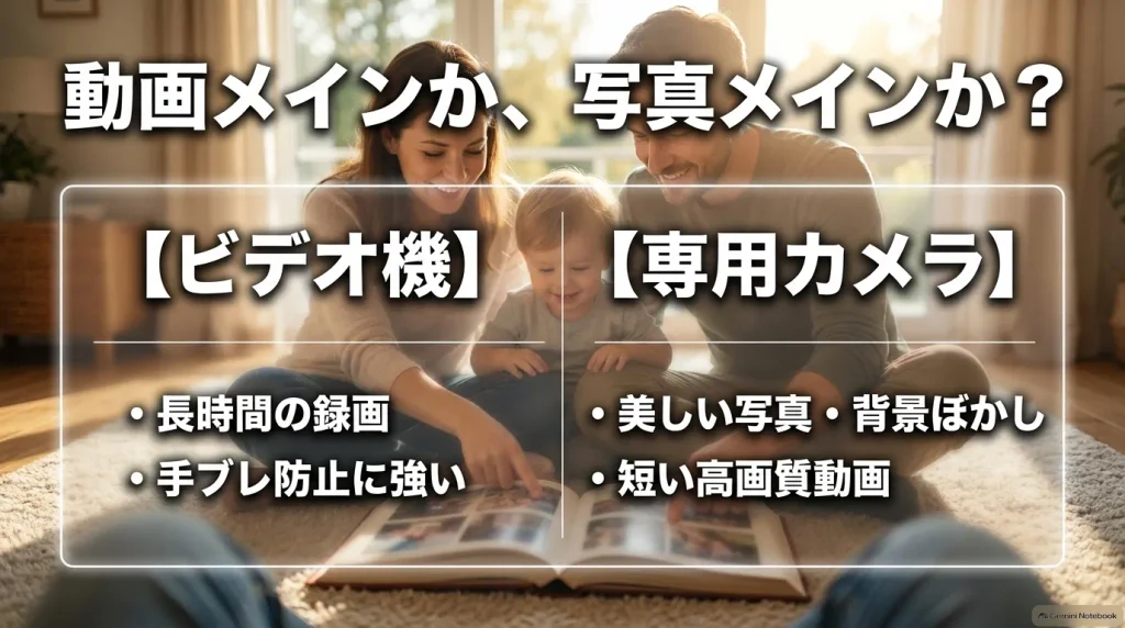動画メインか、写真メインか?長時間の録画や手ブレに強い「ビデオ機」と、美しい写真や短い高画質動画に向く「専用カメラ」の比較スライド