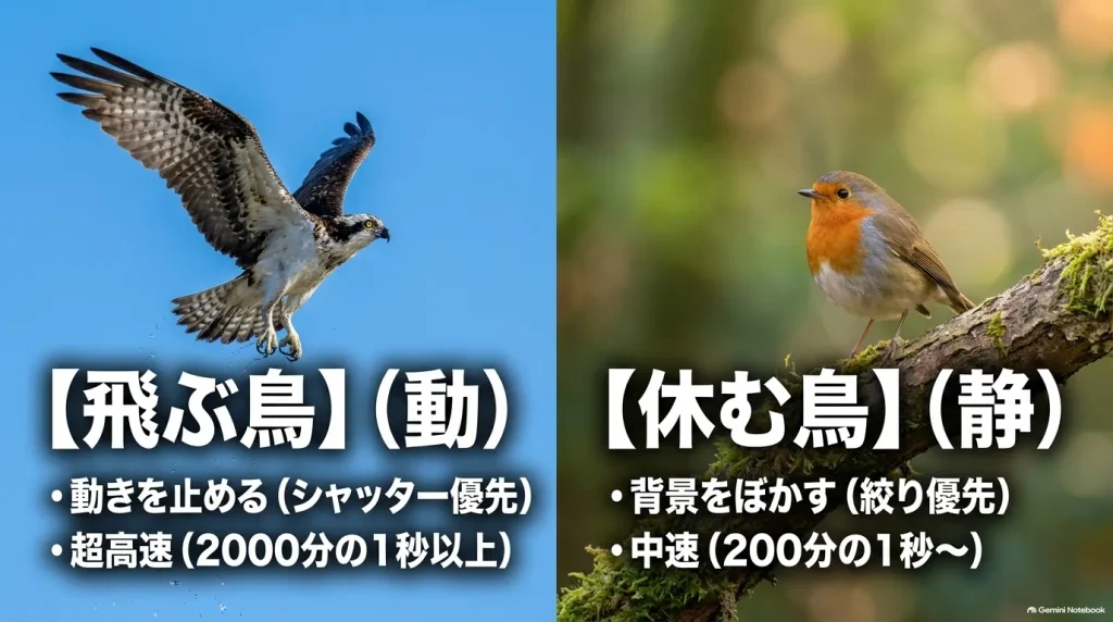 飛ぶ鳥にはシャッター優先で超高速シャッター、休む鳥には絞り優先で背景をぼかすカメラ設定を解説したスライド