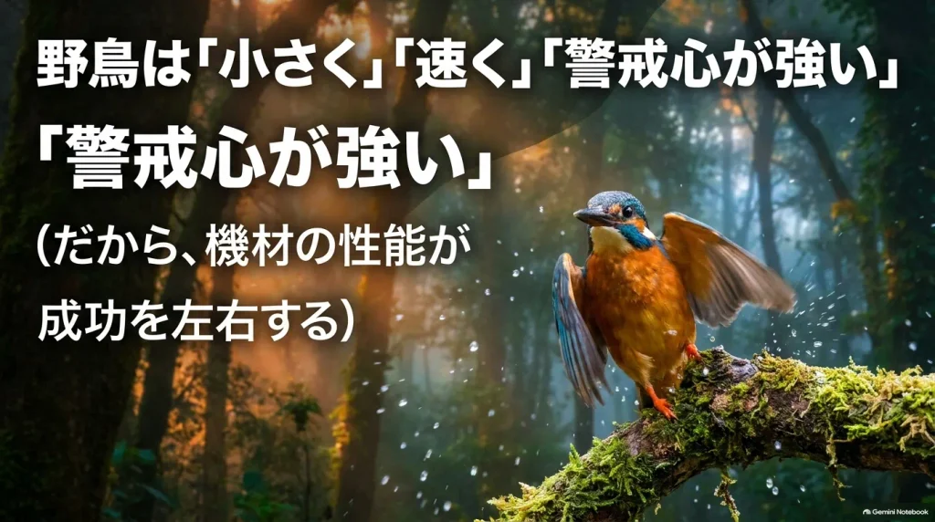 野鳥は小さく速く警戒心が強いためカメラ機材の性能が撮影の成功を左右することを示すスライド