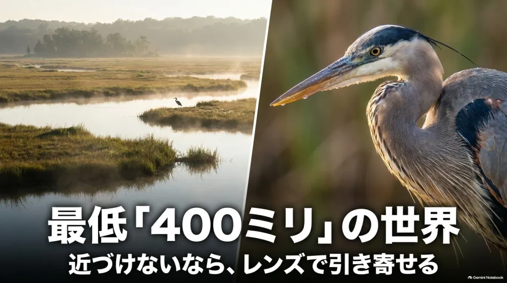 野鳥撮影には近づけないため最低400ミリ以上の望遠レンズが必要であることを解説したスライド