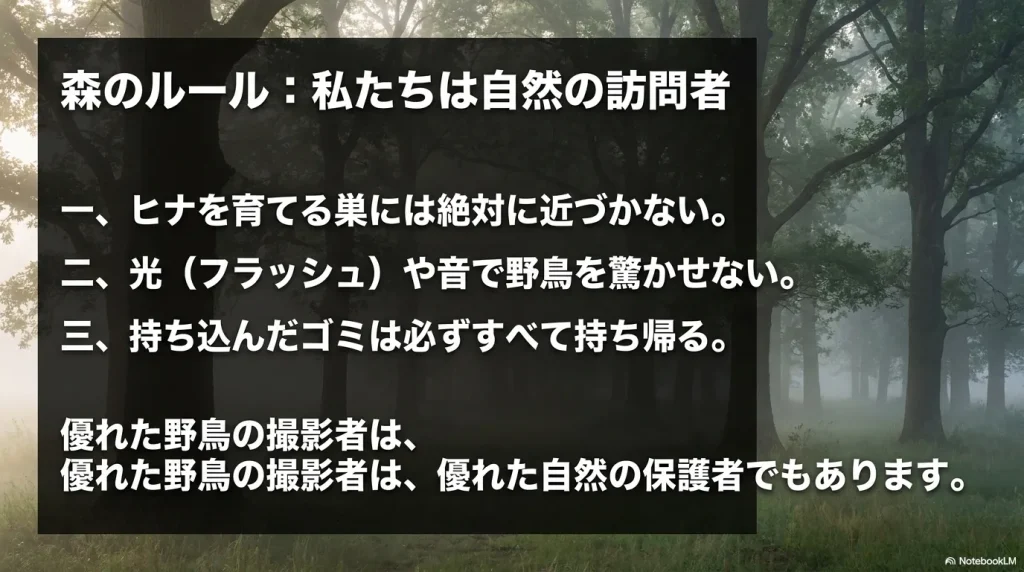 ヒナを育てる巣に近づかない、光や音で野鳥を驚かせない、ゴミはすべて持ち帰るという自然保護のルール