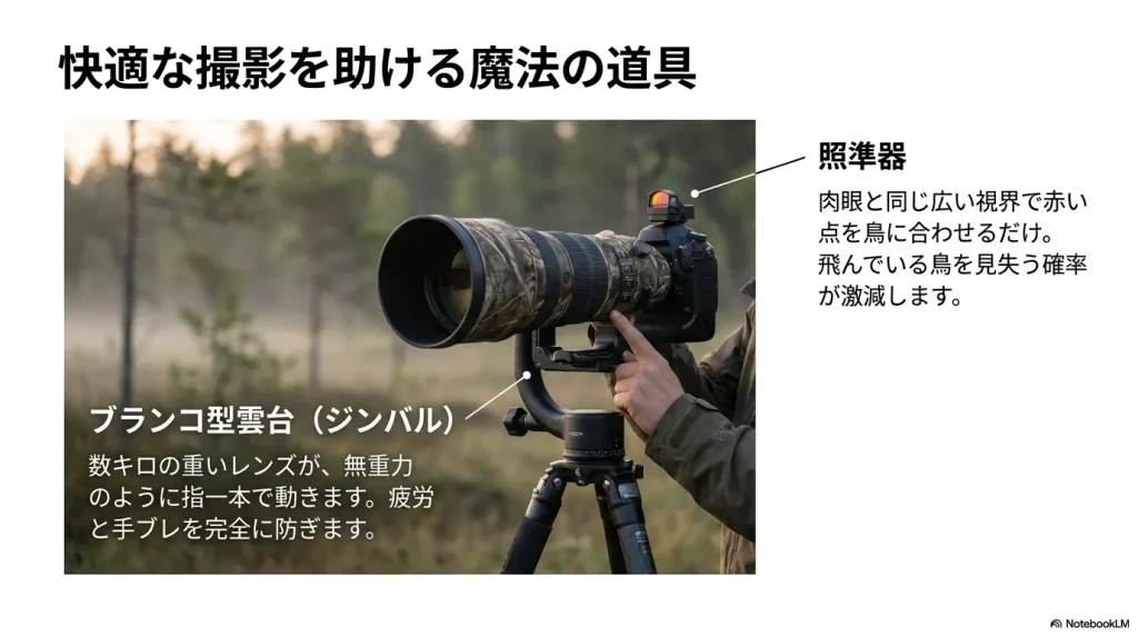 飛んでいる鳥を見失う確率が激減する照準器と、重いレンズが指一本で動かせるブランコ型雲台(ジンバル)