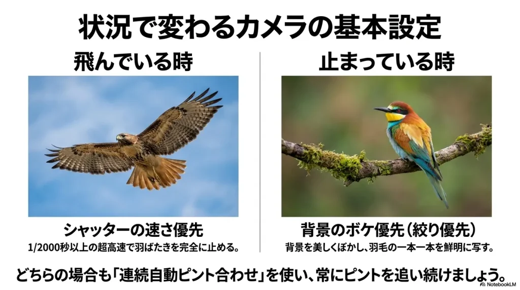飛んでいる時は1/2000秒以上のシャッター速度優先、止まっている時は背景をぼかす絞り優先というカメラの基本設定