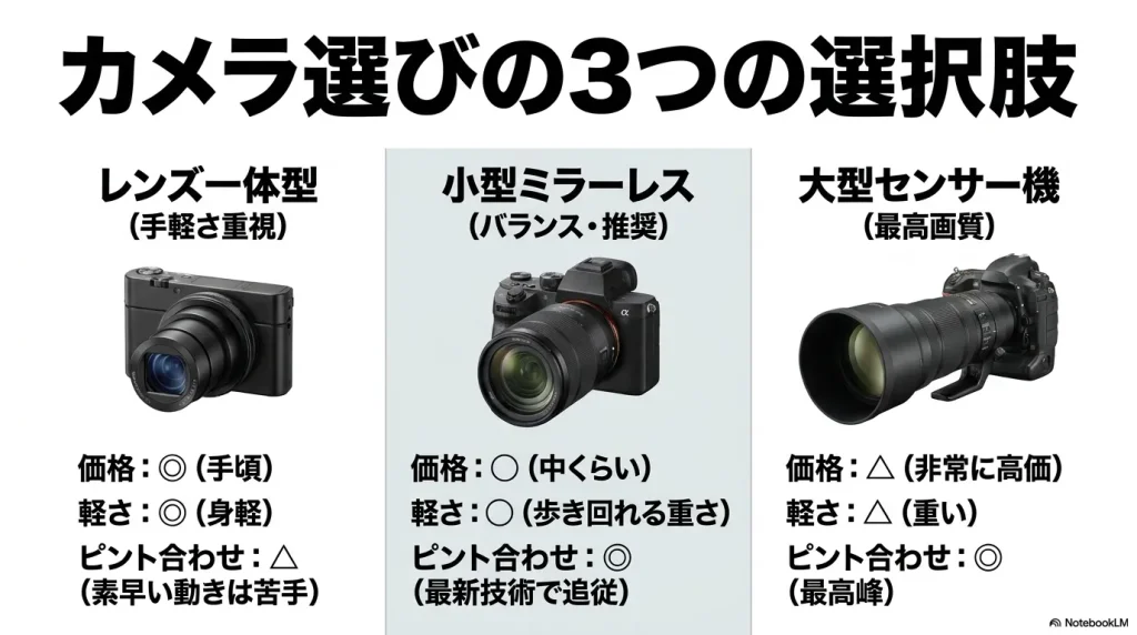 レンズ一体型、小型ミラーレス、大型センサー機の価格、軽さ、ピント合わせ性能の比較表