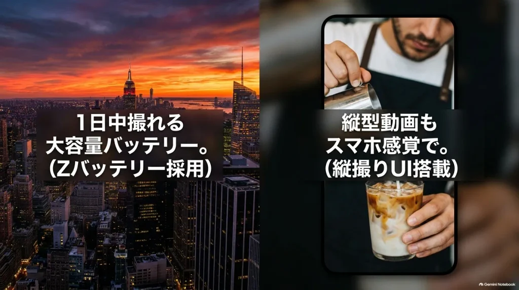 ZV-E10 IIは1日中撮れる大容量のZバッテリーを採用し、縦型動画もスマホ感覚で撮れる縦撮りUIを搭載