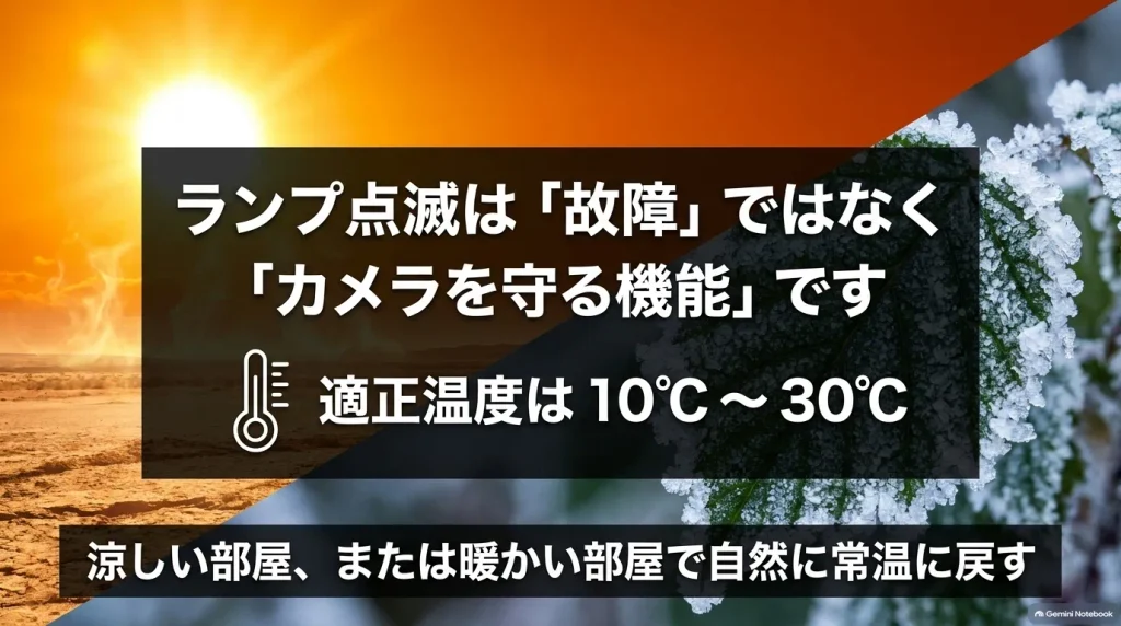 充電ランプの点滅は故障ではなく保護機能であり、適正温度は10℃〜30℃であることを示す説明