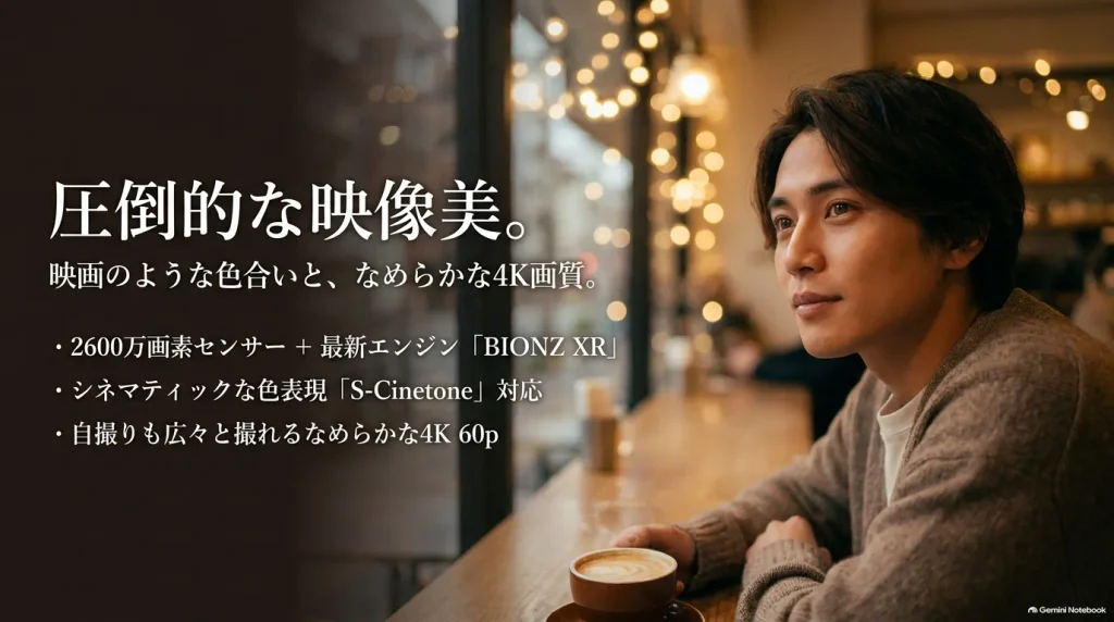 ZV-E10 IIの圧倒的な映像美。2600万画素センサーと最新エンジンBIONZ XR、S-Cinetone対応でなめらかな4K 60p撮影が可能