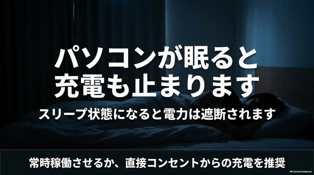 パソコンがスリープ状態になるとUSBポートからの電力が遮断され充電が止まる仕組みの解説