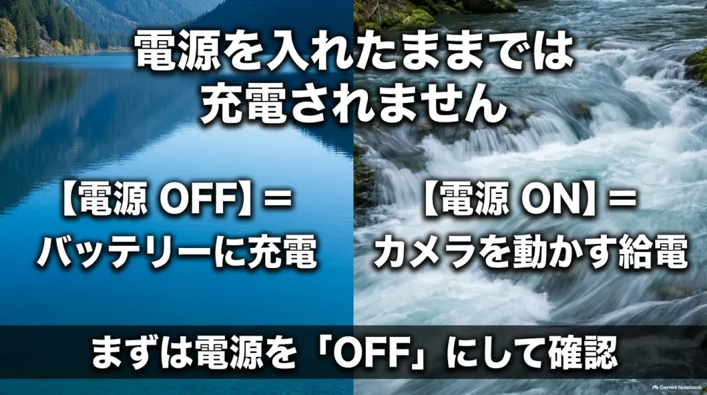 電源OFFで充電、電源ONで給電される仕組みを解説する図解