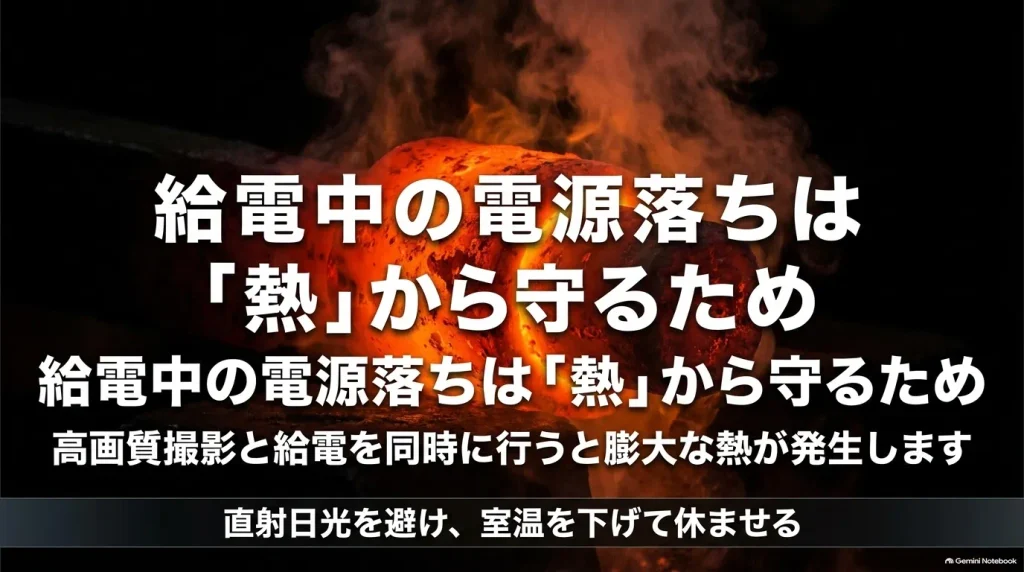 給電中の電源落ちは膨大な熱からカメラを守るサーマルシャットダウンであるという解説