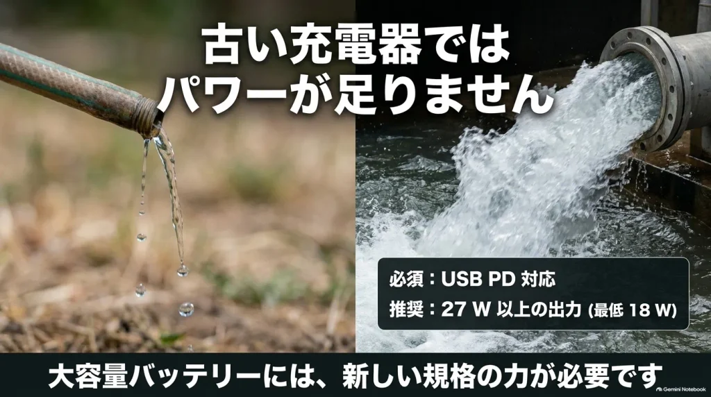 ZV-E10 IIの充電には最低18W、推奨27W以上のUSB PD対応充電器が必要であるという解説