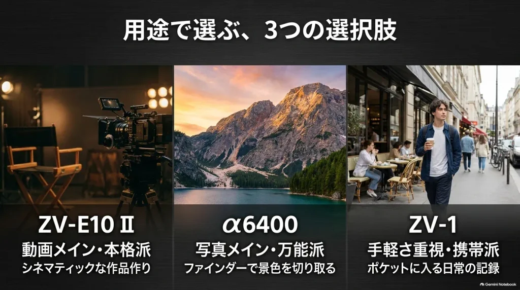 用途で選ぶ3つの選択肢。動画メインのZV-E10 II、写真メインのα6400、手軽さ重視のZV-1の比較