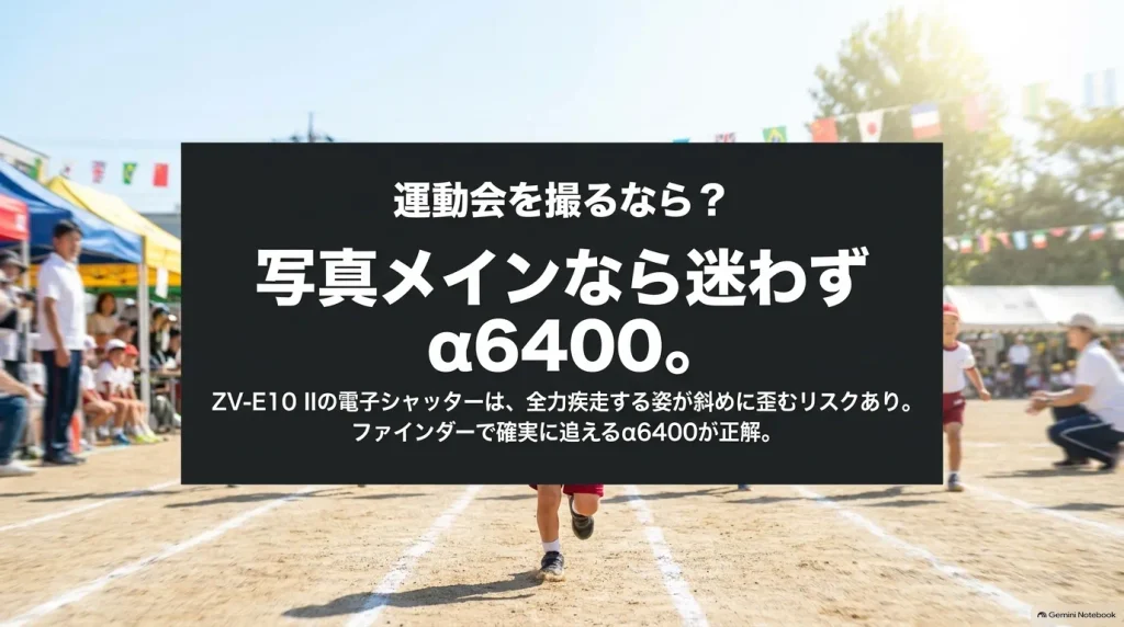 運動会撮影での比較。写真メインならメカシャッターとファインダーで確実に追えるα6400が正解