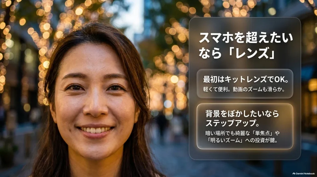 カメラのレンズ選び。最初はキットレンズでOK、背景ボケや暗所撮影には明るい単焦点やズームレンズへのステップアップが鍵