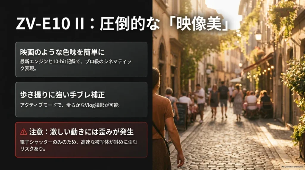 ZV-E10 IIの動画機能。10-bit記録によるシネマティックな色味、手ブレ補正アクティブモード、電子シャッターの歪みリスク