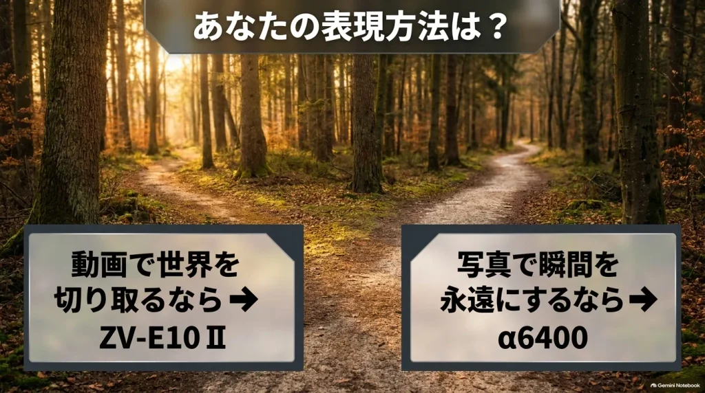 ZV-E10 IIとα6400の選び方まとめ。動画で世界を切り取るならZV-E10 II、写真で瞬間を永遠にするならα6400