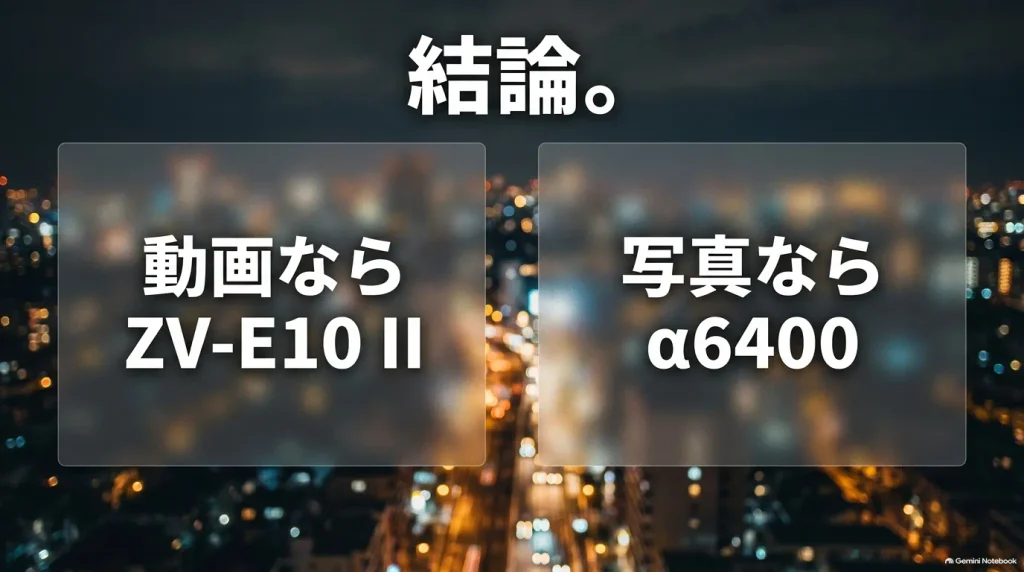 ZV-E10 IIとα6400の比較結論。動画撮影ならZV-E10 II、写真撮影ならα6400がおすすめ