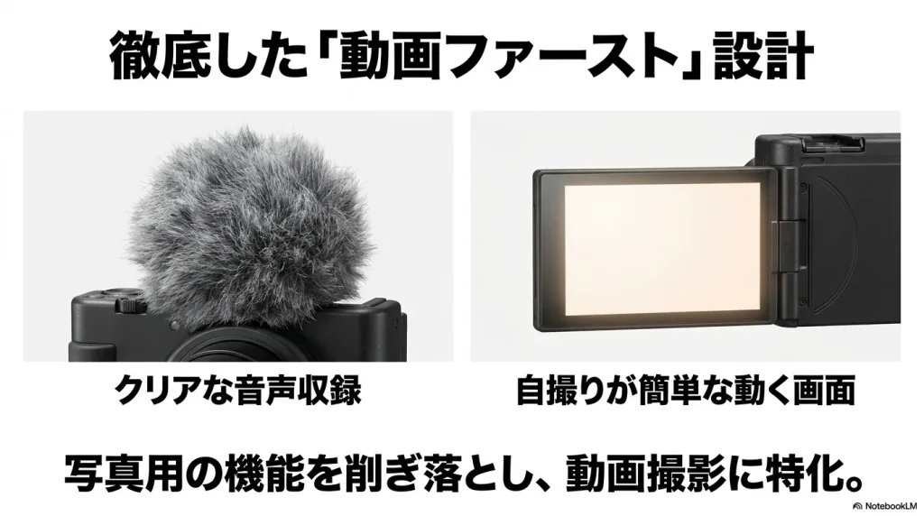 クリアな音声収録を可能にするウインドスクリーン付きマイクと自撮りが簡単な動くバリアングルモニター