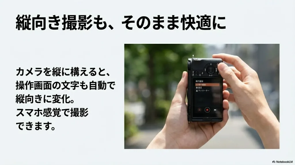 カメラを縦に構えると操作画面の文字も自動で縦向きに変化しスマホ感覚で撮影できる様子